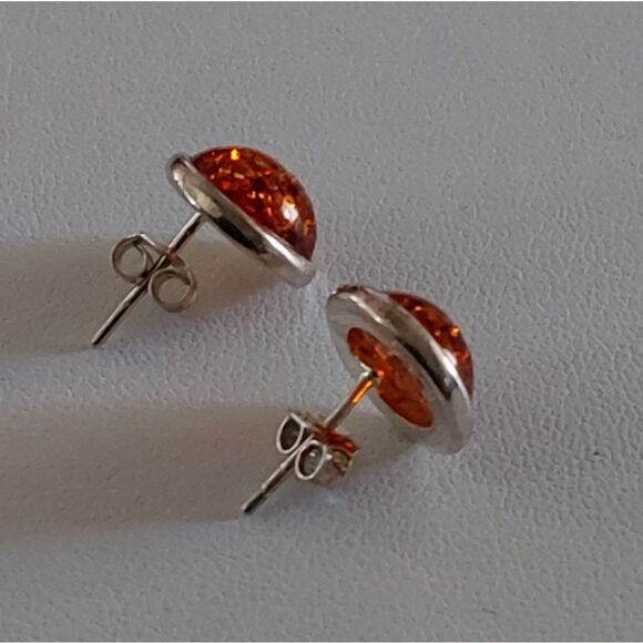 Sterling Silver Round Cut Genuine Amber Gemstone Stud Earrings - Picture 2 of 2